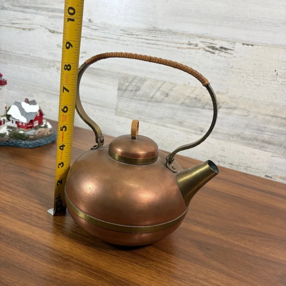 Copper Clad Tea Kettle Wood Handle‎ Country Farmhouse Antique Decor